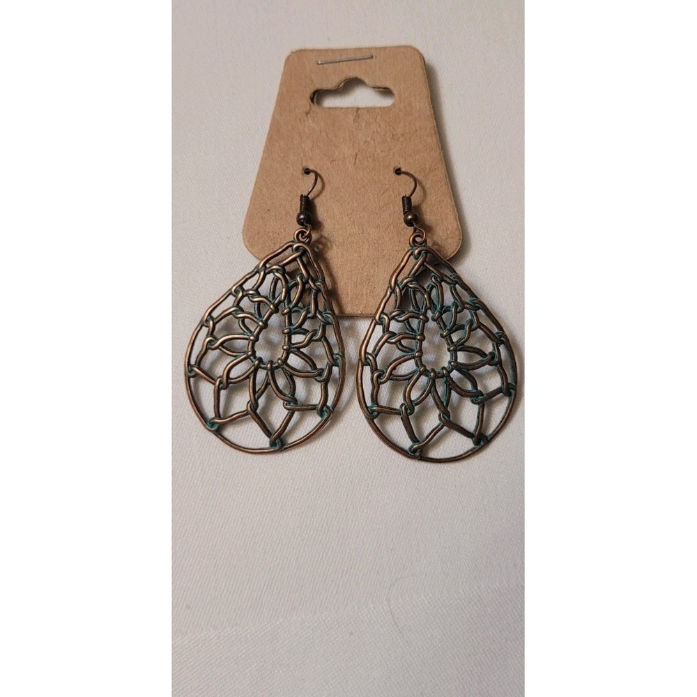 Boho Style Rustic Bronze With Blue Accent Geometric Dangling Earrings